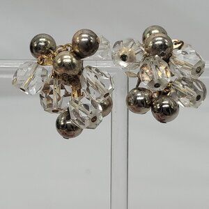 Vintage Cluster Clip-On Earrings With Clear Faceted Beads & Silver-Tone Balls